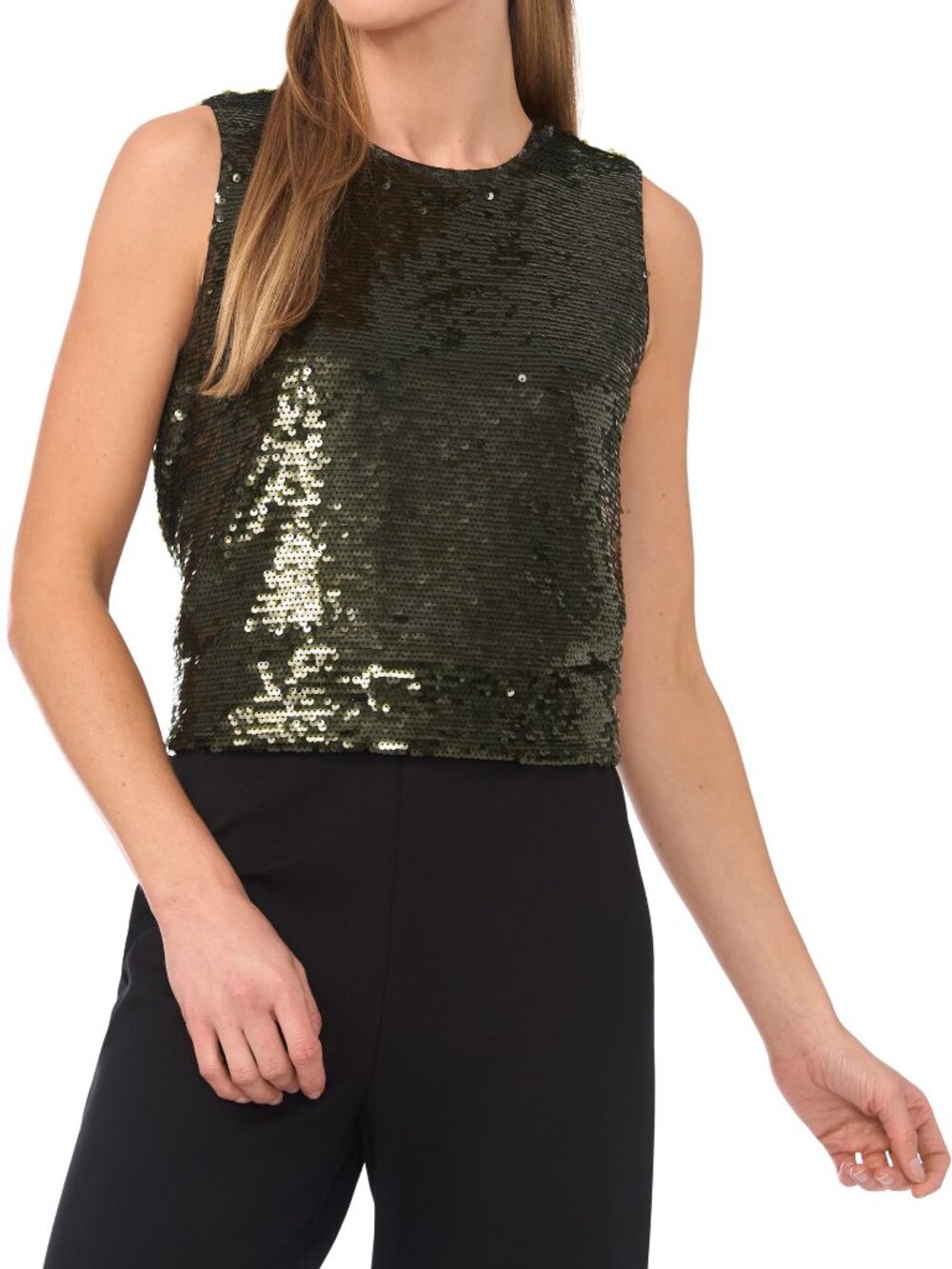 NWT HALOGEN Sequin Shell Top Olive Gold Kalamata Sleeveless Size M